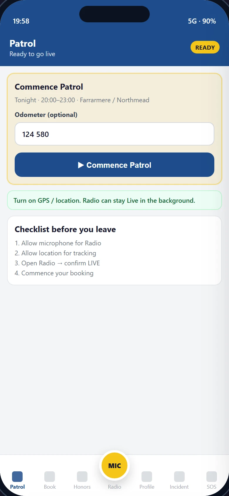 Commence Patrol screen (demo)