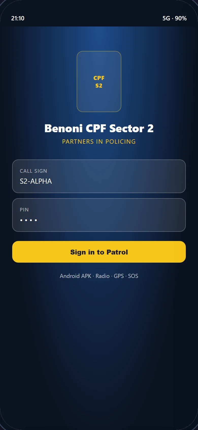 Secure login — Benoni CPF Sector 2 Patrol App