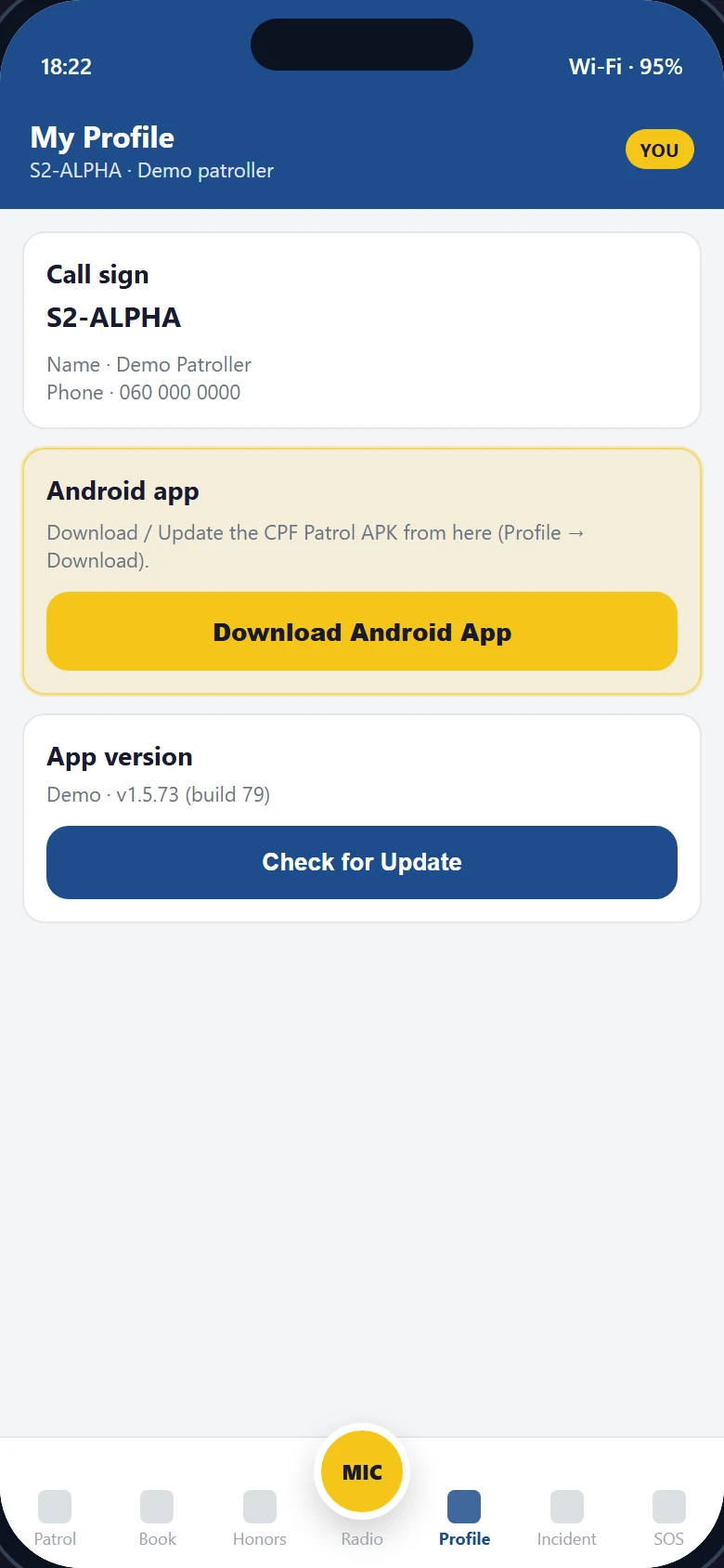 Profile screen — Download Android App (demo)