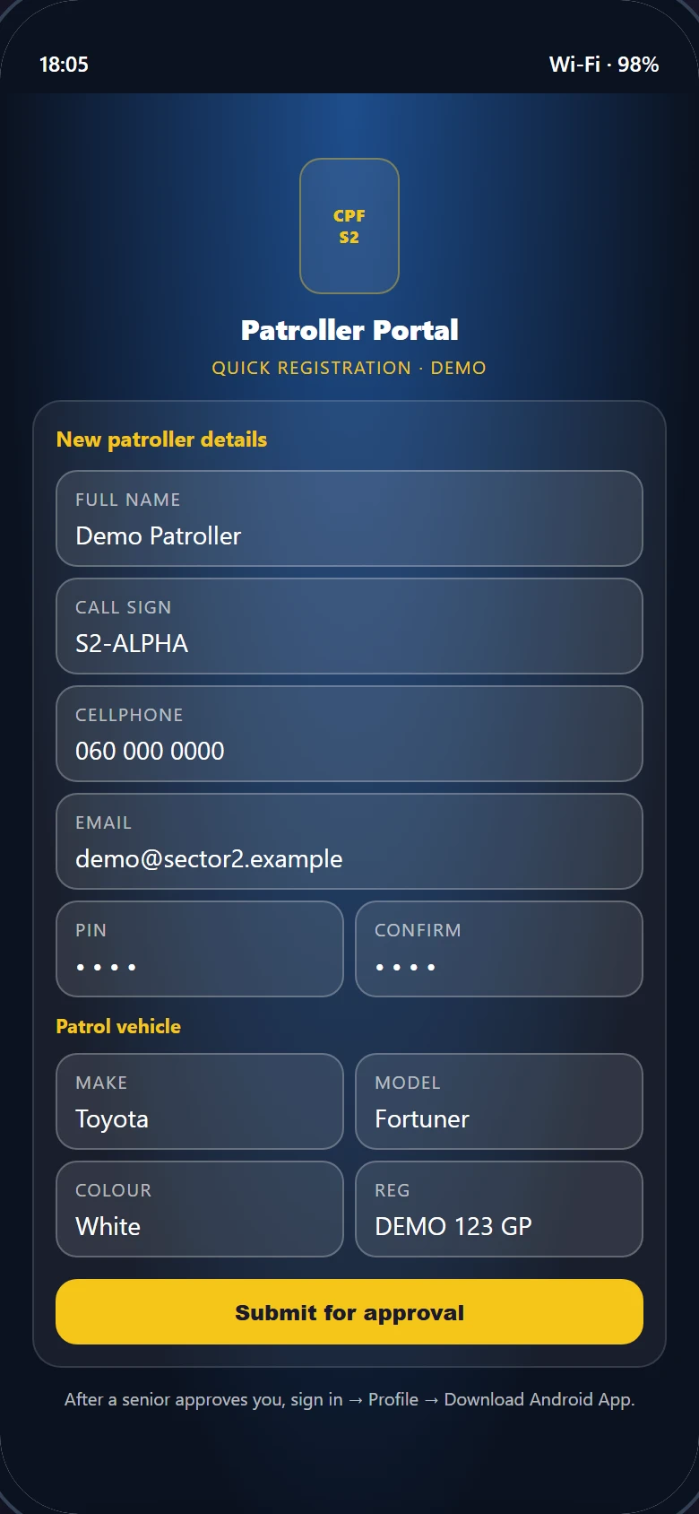 Patroller registration form (demo)